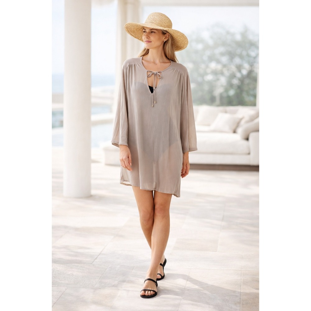 Filippa K Tunic Dress L Taupe Tie Neck Semi Sheer Swimcover Day Dress Resort